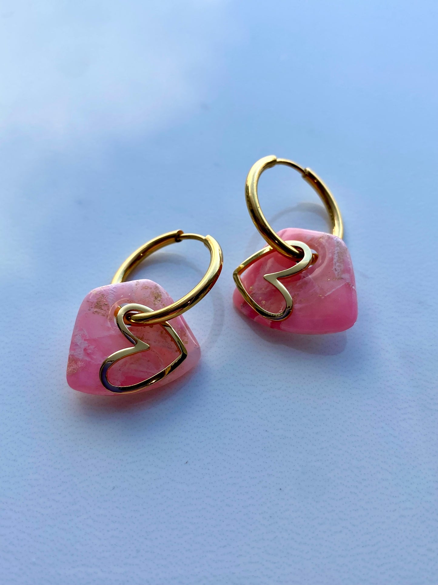 Trapezoid + Heart Charm Hoops - Faux Rose Quartz