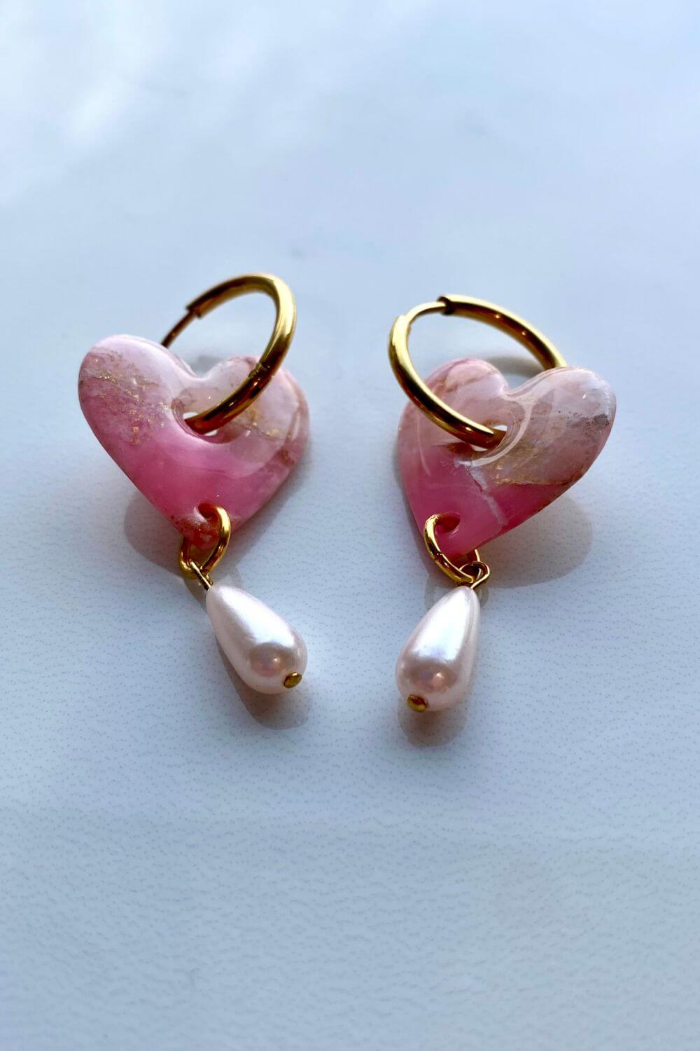 Hollow Heart Charm Hoops - Rose Quartz