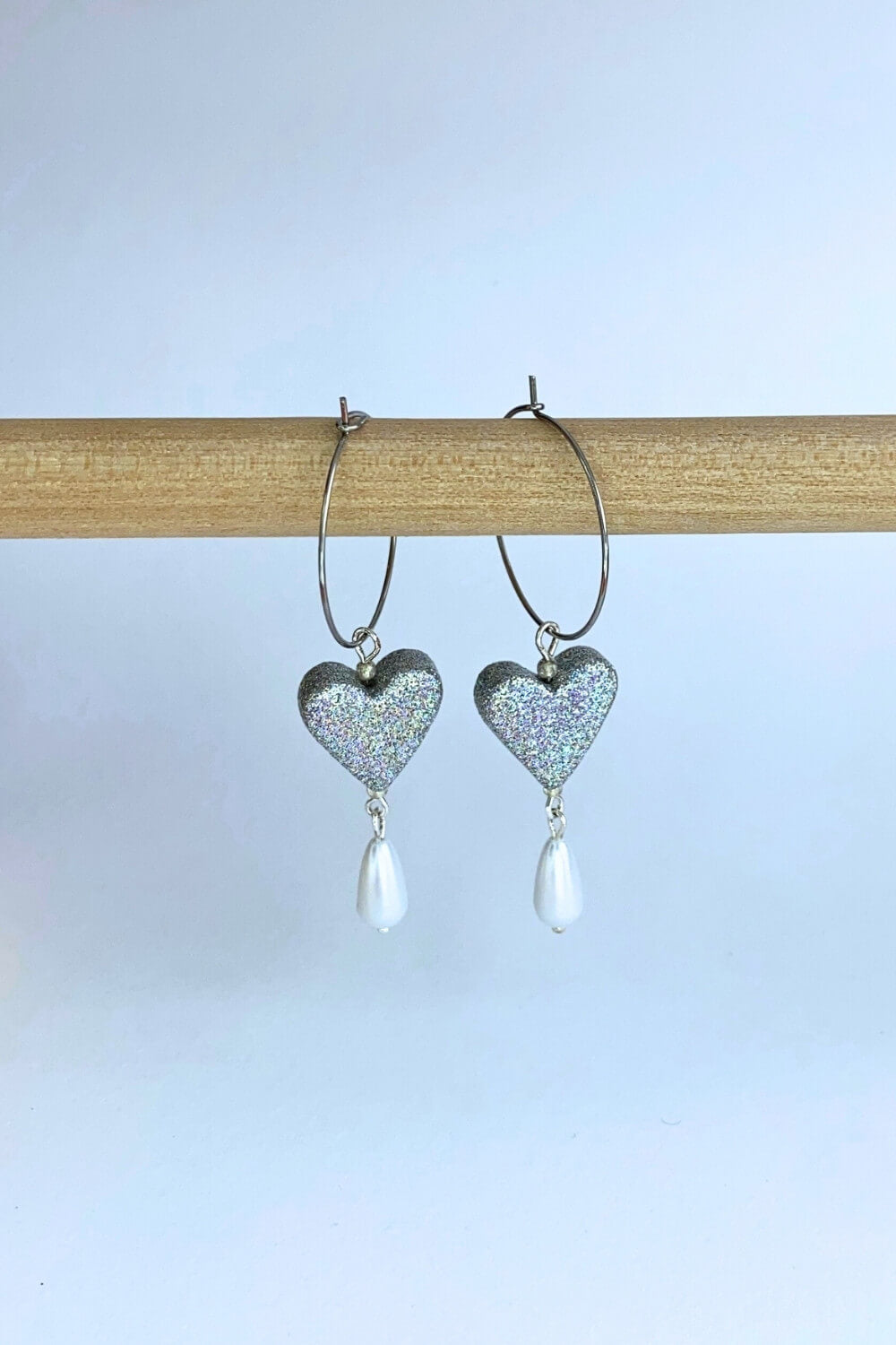 Sparkle Heart + Pearl Charm Hoops