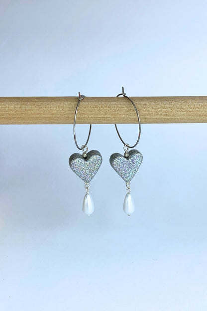 Sparkle Heart + Pearl Charm Hoops