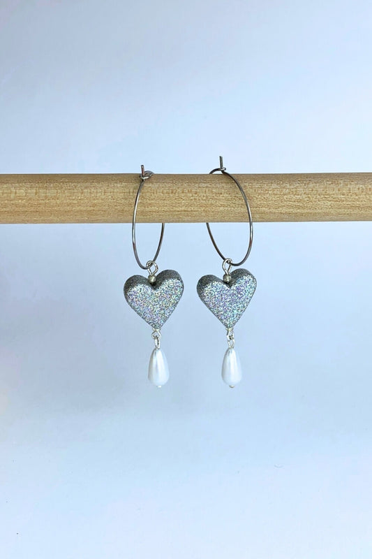Sparkle Heart + Pearl Charm Hoops