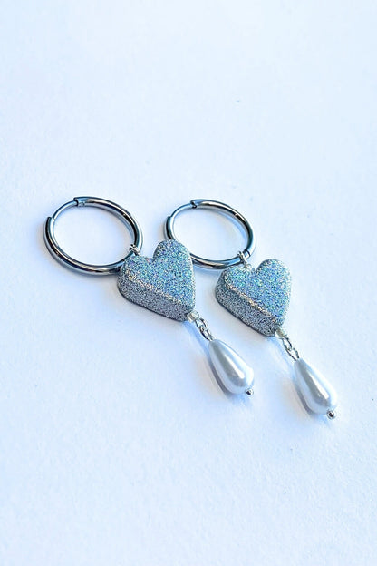 Sparkle Heart + Pearl Charm Hoops