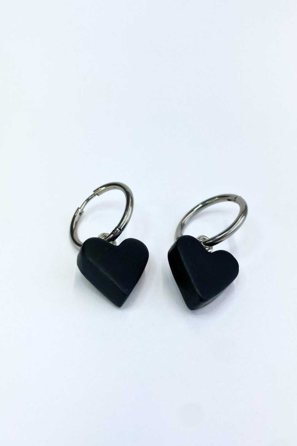 Black Heart Charm Hoops (Silver)